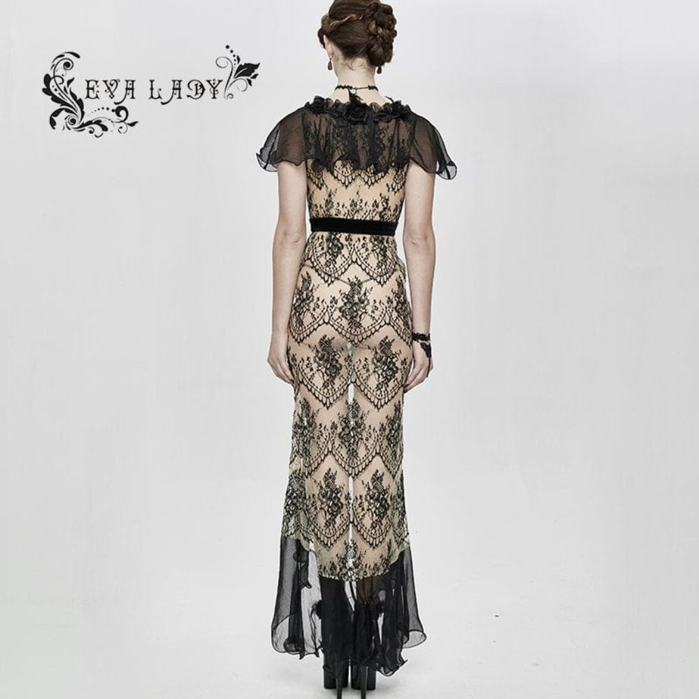 Women's Gothic Turn-down Collar Sheer Floral Lace Dovetail Dress - Picture 3 of 6